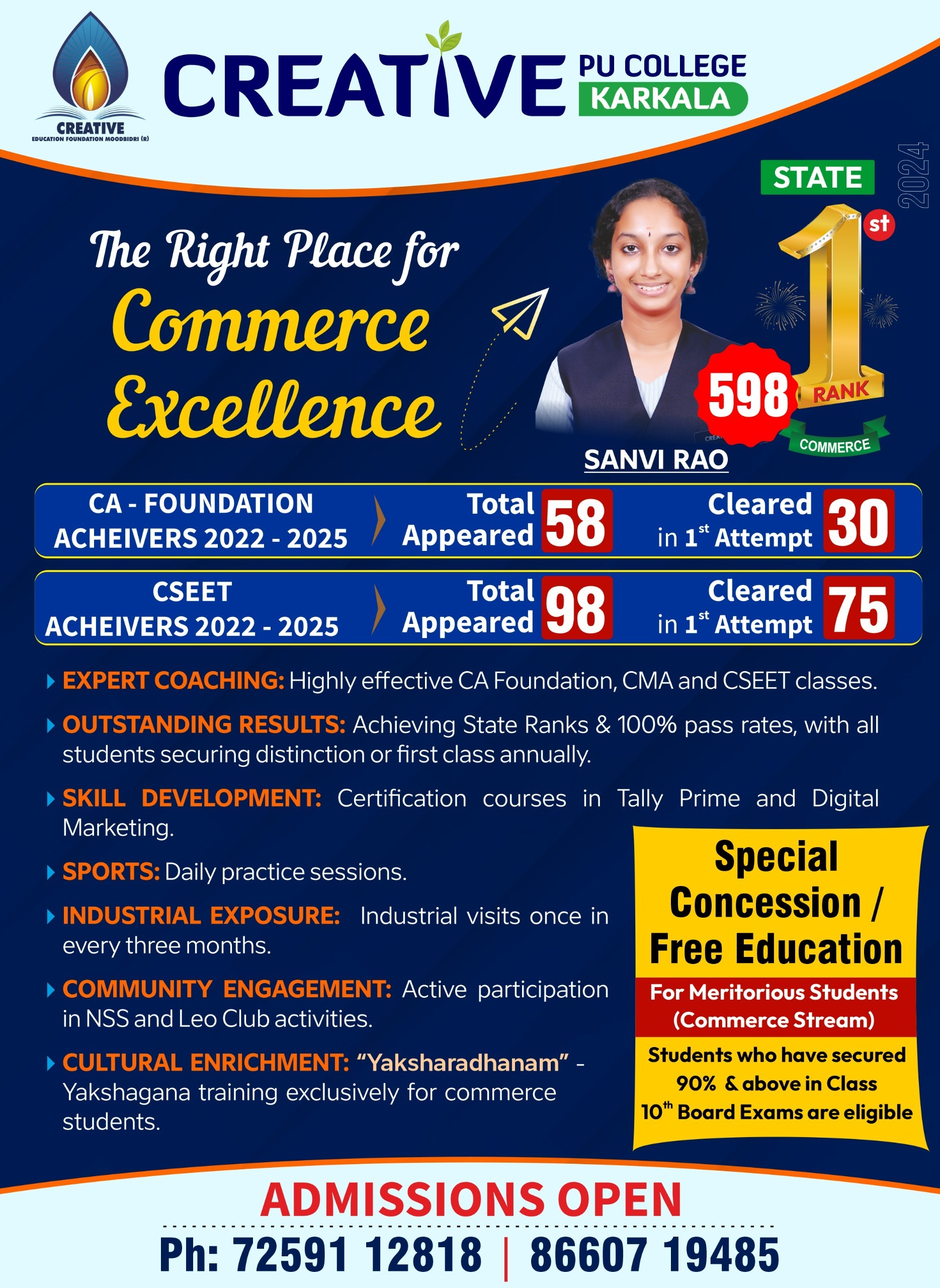 ಕ್ರಿಯೇಟಿವ್: ಪ್ರಥಮ ಪಿಯು ವಾಣಿಜ್ಯ ವಿಭಾಗದಲ್ಲಿ ಉಚಿತ ಶಿಕ್ಷಣಕ್ಕೆ ಅವಕಾಶ